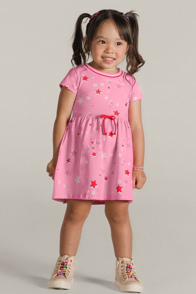 Vestido Brandili Infantil Cotton Estrelas Rosa - Tamanho 1