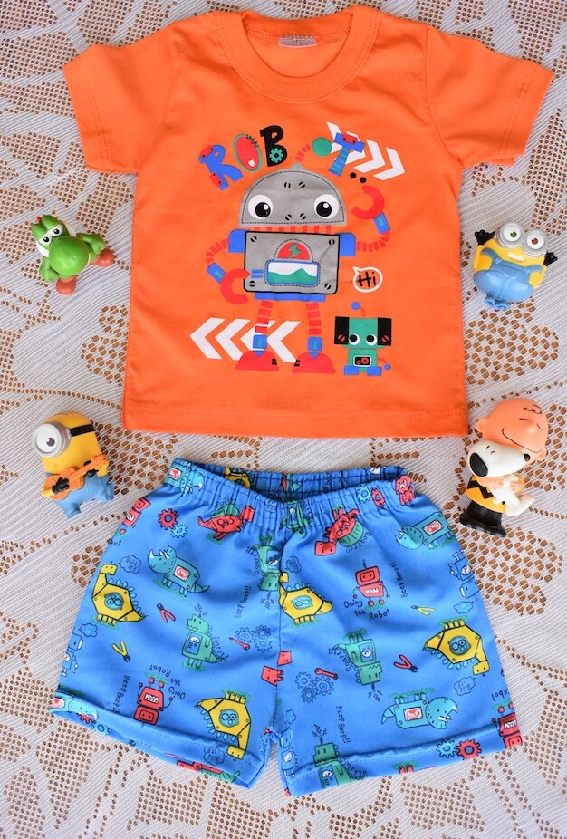 Conjunto Verão Robot Camiseta Manga Curta e Shorts Tactel - Tamanho 1 ao 3