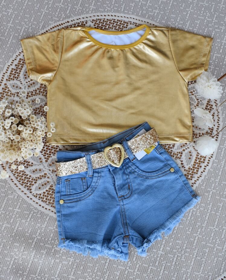 Conjunto Verão Blusinha Dourada, Shorts Jeans + Cintinho | Miya Kids - Tamanho 3