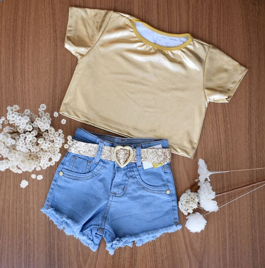 Conjunto Verão Blusinha Dourada, Shorts Jeans + Cintinho | Miya Kids - Tamanho 3