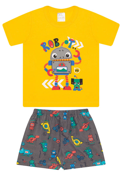 Conjunto Verão Robot Camiseta Manga Curta e Shorts Tactel - Tamanho 1 ao 3