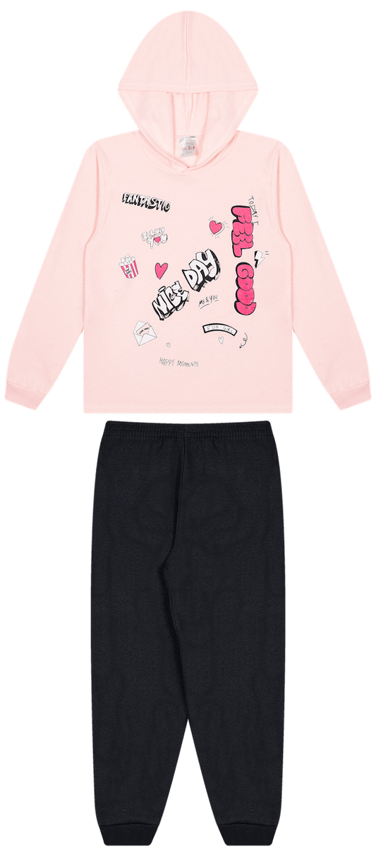 Conjunto 2 peças Feminino  Meia Estação - Blusa com capuz e Calça Moletom Peluciada! Veste do 10 ao 14