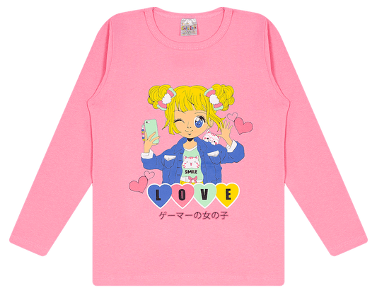 Blusa Manga Longa Feminina Cotton - Love - Kawaii! Veste as mocinhas do 4 ao 14