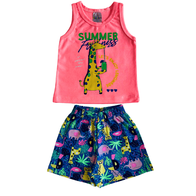 Conjunto Menina Verão Girafa Neon - Tamanho 1 ao 3