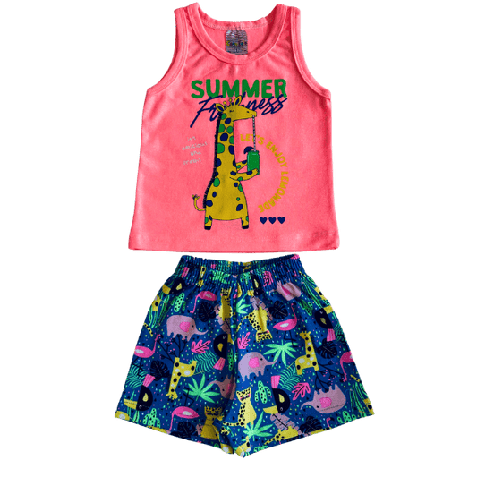 Conjunto Menina Verão Girafa Neon - Tamanho 1 ao 3