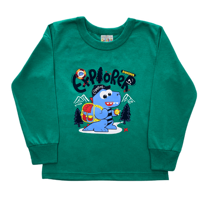 Camiseta Manga Longa Masculina - Explorer Dino! Veste do 1 ao 3