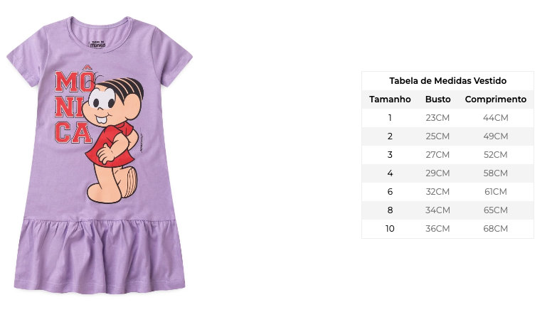 Vestido Feminino Infantil Lilás - Turma da Mônica - Tamanho do 1 ao 10