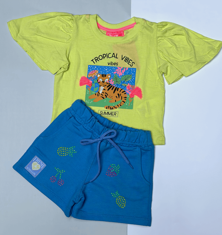 Conjunto Blusa Feminina em meia malha e Bermuda Tropical - Serelepe Kids - Tamanho 2