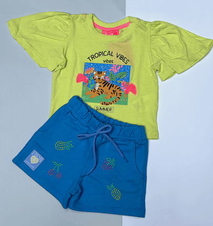 Conjunto Blusa Feminina em meia malha e Bermuda Tropical - Serelepe Kids - Tamanho 2