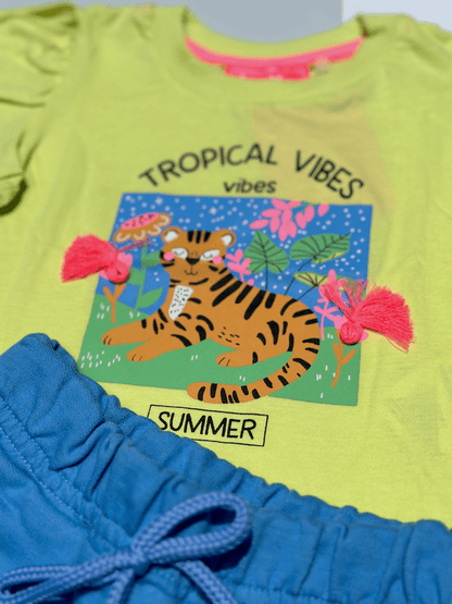 Conjunto Blusa Feminina em meia malha e Bermuda Tropical - Serelepe Kids - Tamanho 2