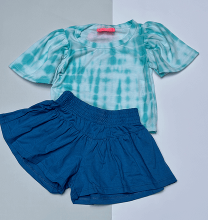 Conjunto Menina  Blusinha Tiedye e Aqua e Bermudinha - Serelepe Kids - Tamanho 1