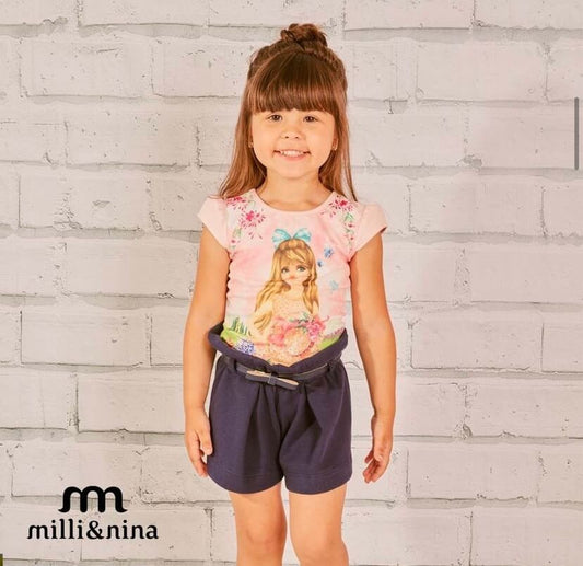 Conjunto Verão Boneca, Blusinha, Shorts e Cinto - Milli & Nina - Tamanho 3